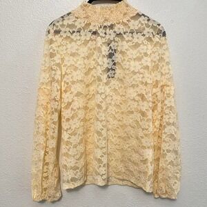 Women's Sheer Floral Lace Mock‎ Neck Cream Top Going Out Fairy Coquette Feminine